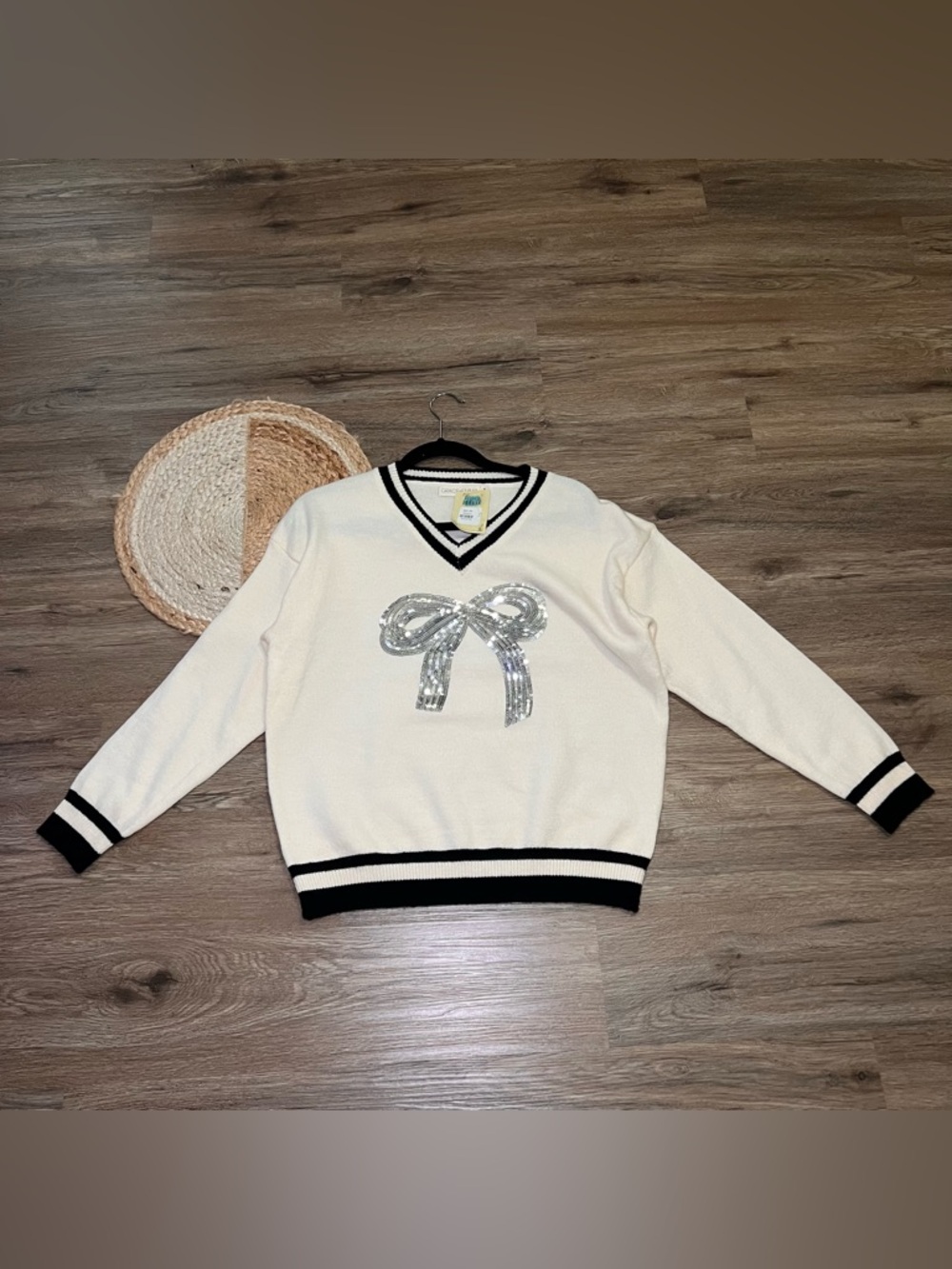 GRACE + EMMA Varsity Sweater Vneck Silver Sequin Bow NWT Retail $62.99